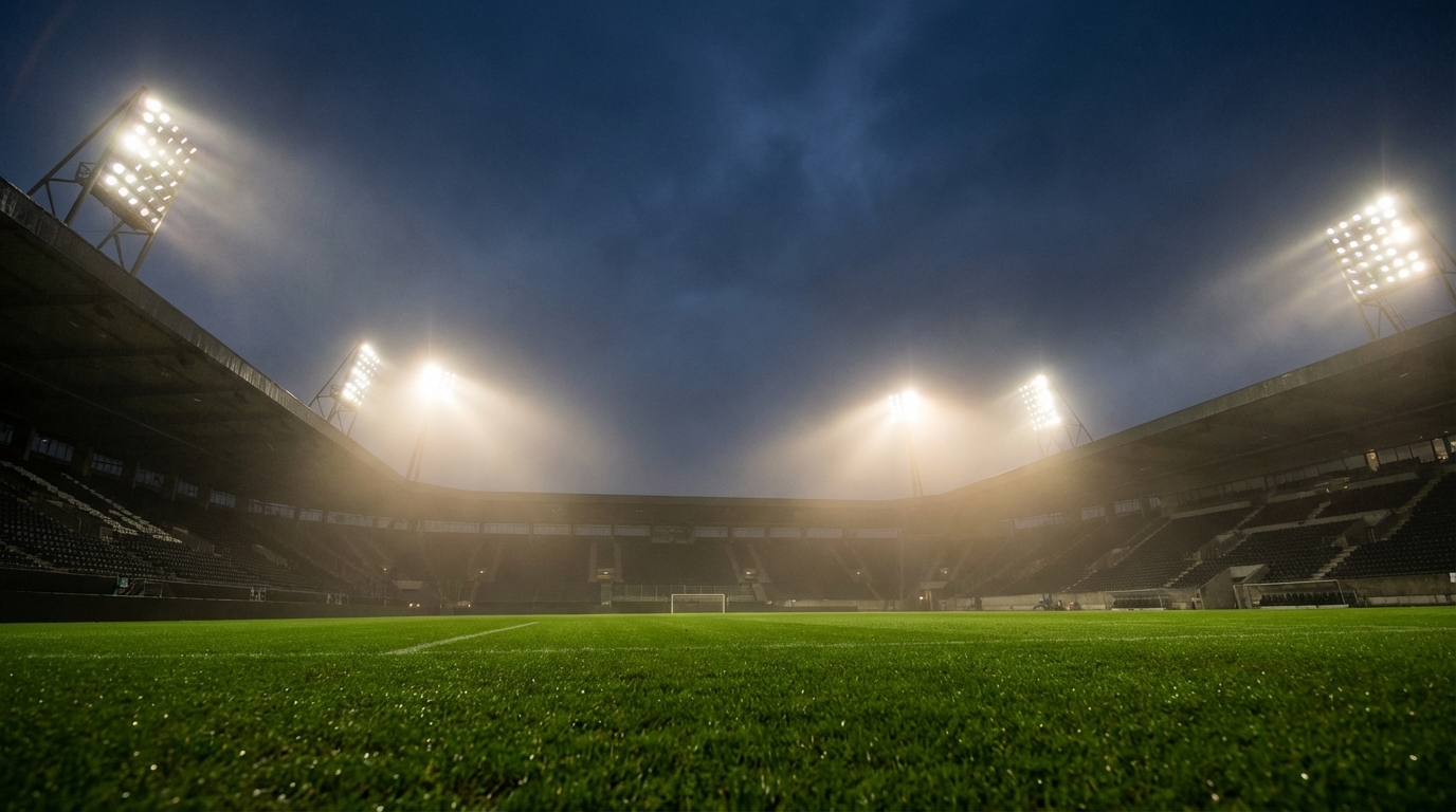 Floodlit soccer stadium pitch at night with empty stands and green grass