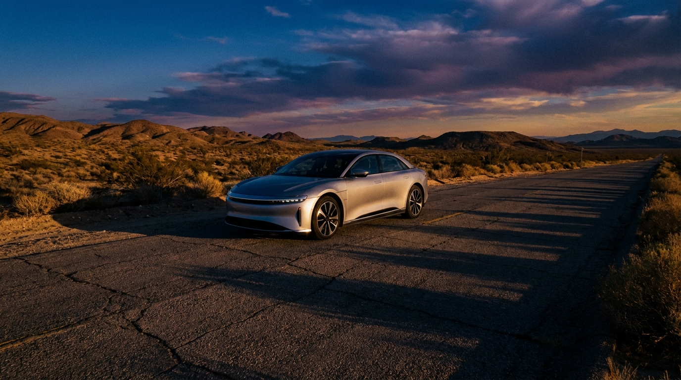Silver electric sedan parked on a lonely asphalt road at dusk with dramatic lighting