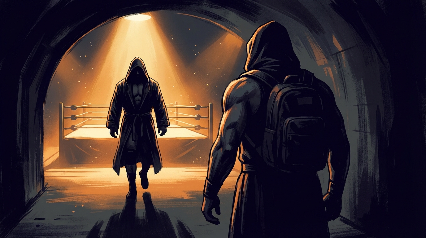 Silhouette of a wrestler walking away from an illuminated ring into shadows