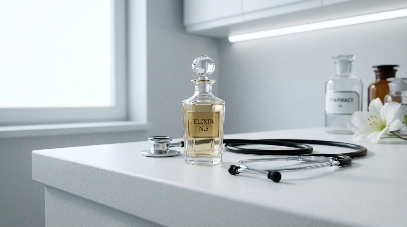 An elegant glass perfume bottle sitting next to a medical stethoscope on a clean white counter