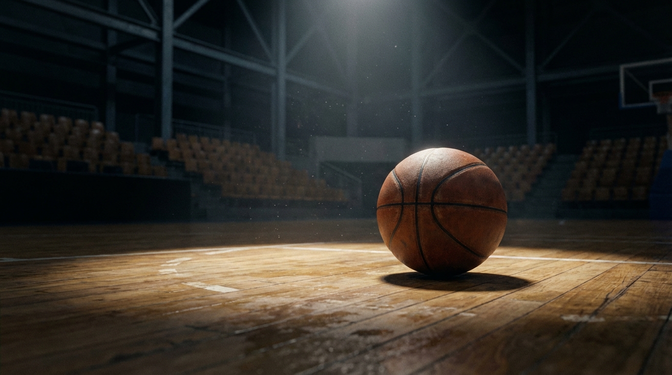 Basketball resting on a hardwood court under dramatic spotlighting