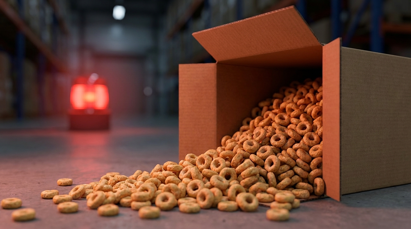 Close-up of oat cereal loops spilling from a box against a blurred warehouse background