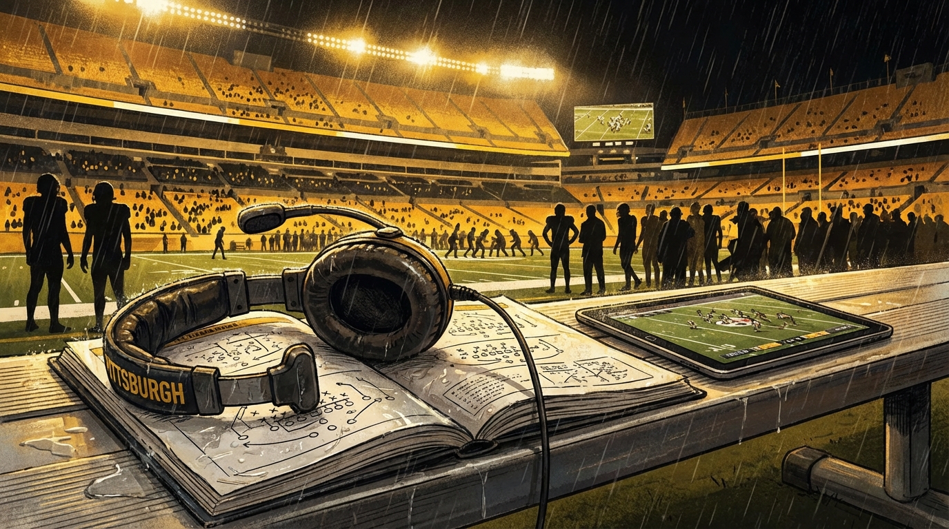 Close-up of a football headset and playbook on a sideline bench with stadium floodlights in the background