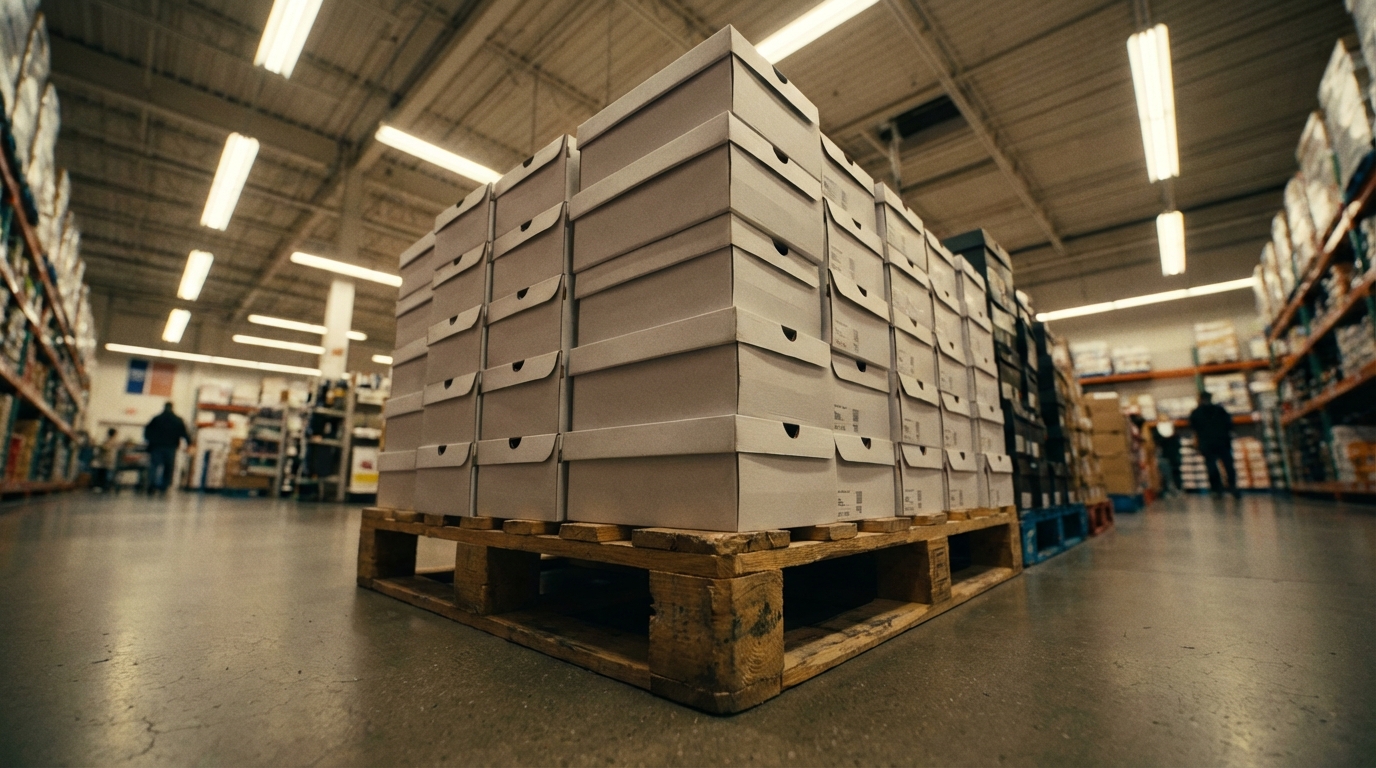 Wooden pallet in a warehouse aisle stacked with white shoe boxes under industrial lighting