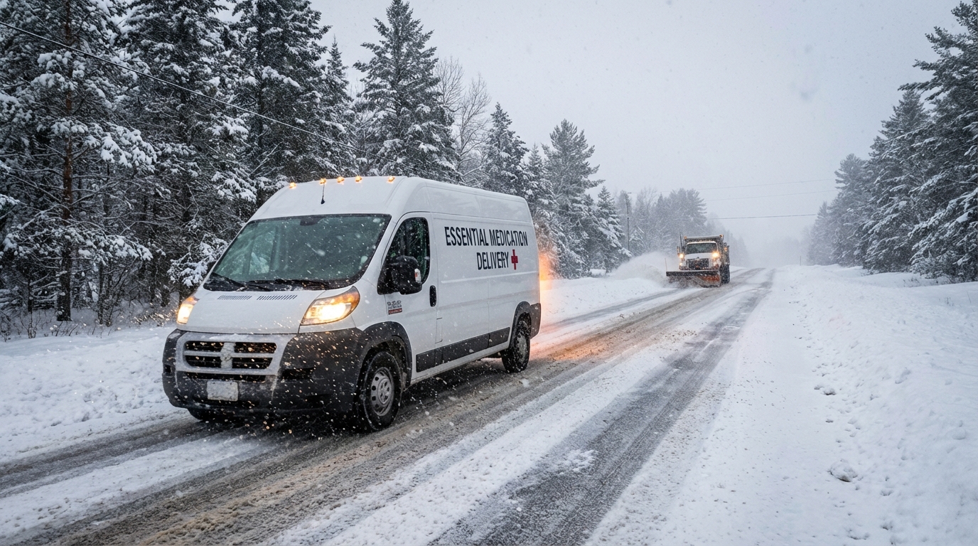 A white delivery van driving on a plowed road surrounded by snow during winter conditions