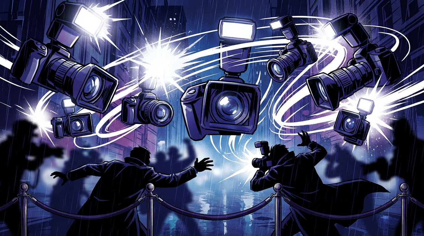 Stylized illustration of paparazzi cameras flashing against a dark background with red carpet ropes