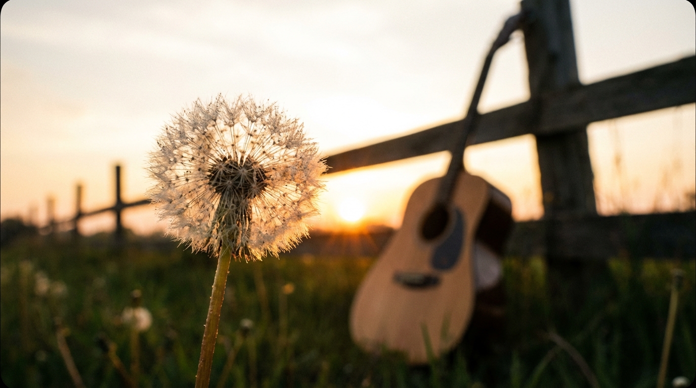 Close-up of a dandelion seed head in a field at sunset with an acoustic guitar silhouette in the background