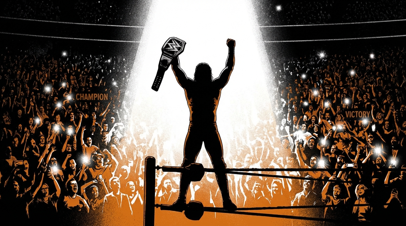 Silhouette of a wrestler standing on ring turnbuckles with arms raised facing a lit arena crowd