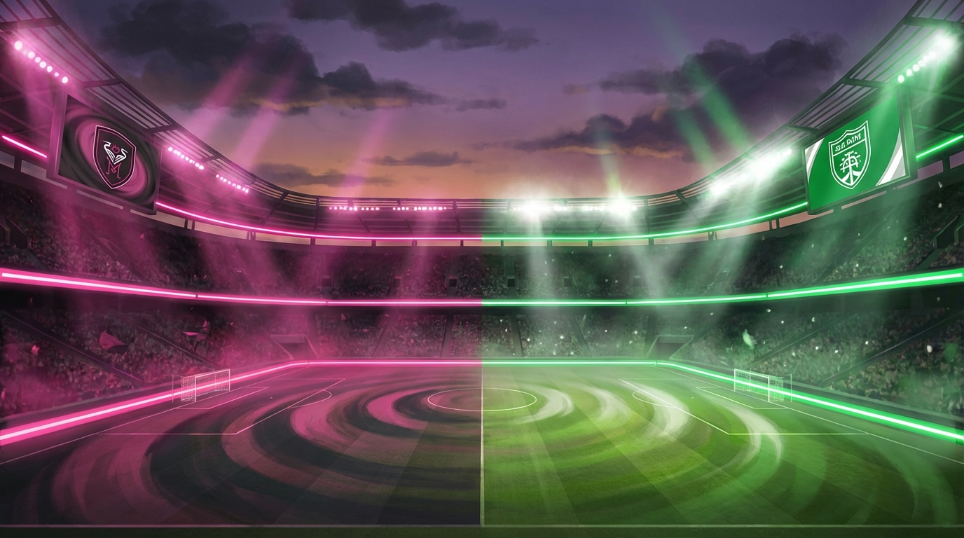 Soccer stadium at twilight featuring split lighting of pink and black versus green and white representing the opposing teams