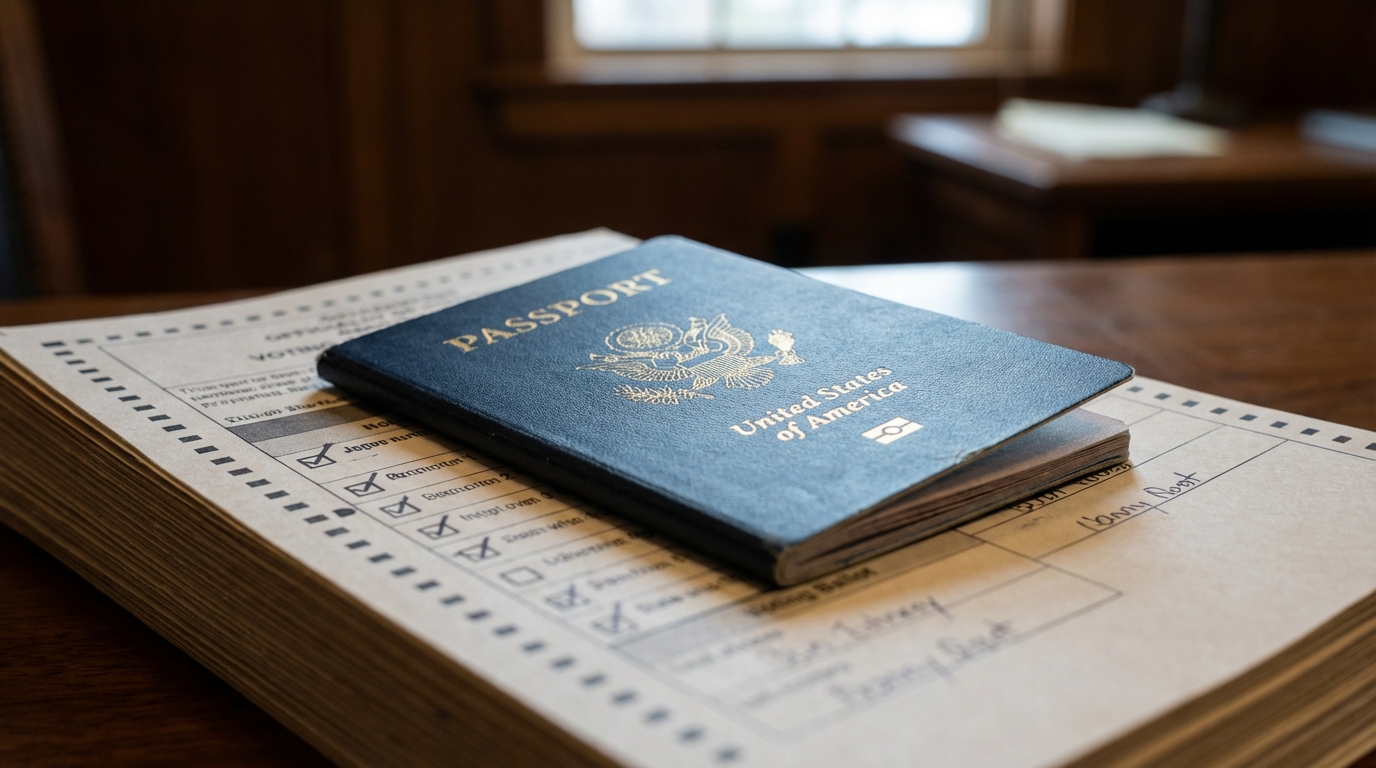 A closed United States passport resting on a stack of paper voting ballots