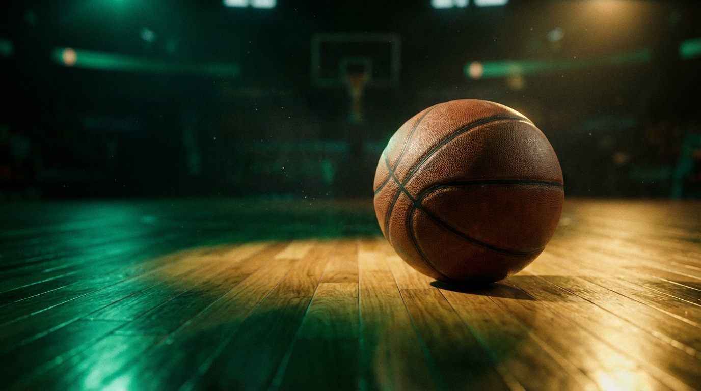 Close-up of a basketball on a hardwood court with green and gold dramatic lighting