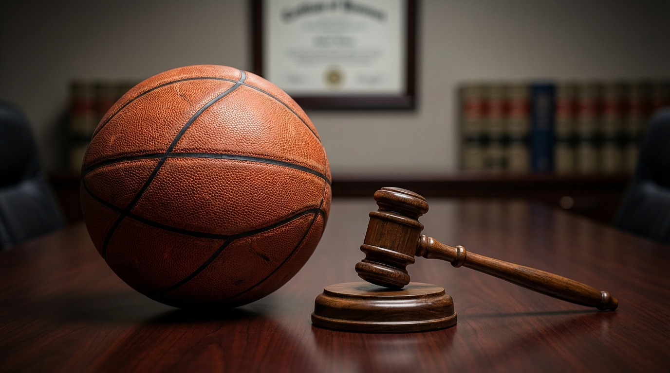 A basketball resting beside a wooden judge's gavel on a polished table