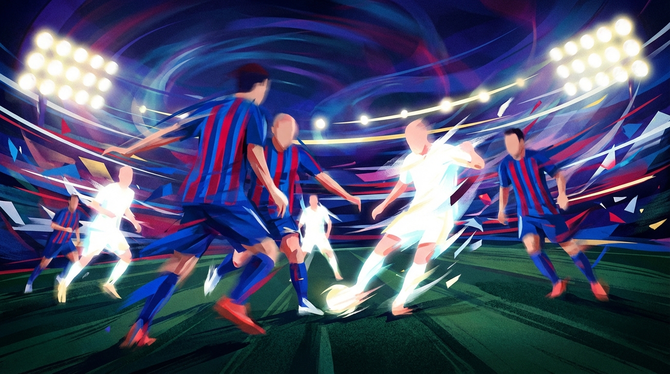 Illustration of football players in blue and red stripes competing against players in white kits under stadium floodlights