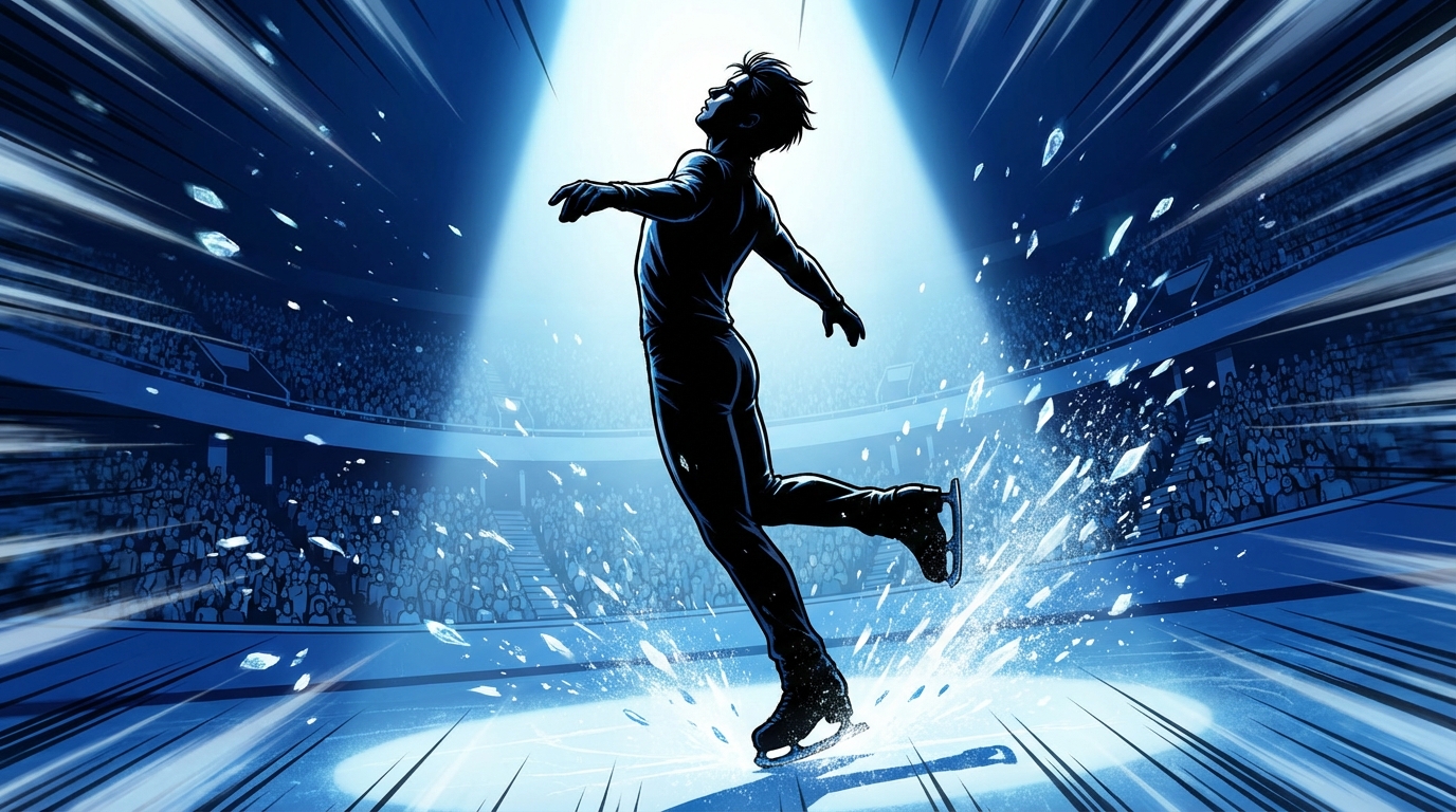 Illustration of a male figure skater performing a high-speed rotational jump mid-air against a dark blue arena background
