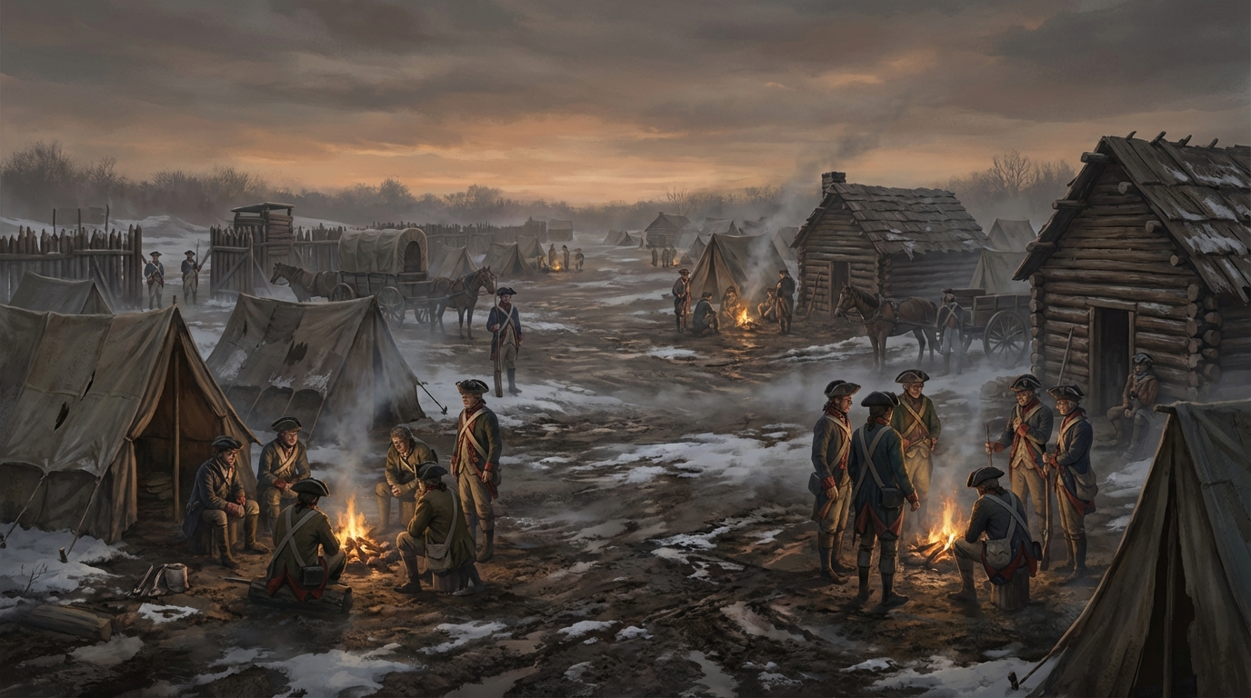 Soldiers huddled around a campfire in a snowy, gritty Revolutionary War encampment at dusk