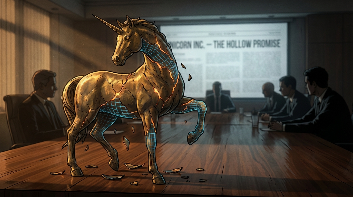 A golden unicorn statue cracking to reveal a hollow wireframe structure inside a dark corporate boardroom