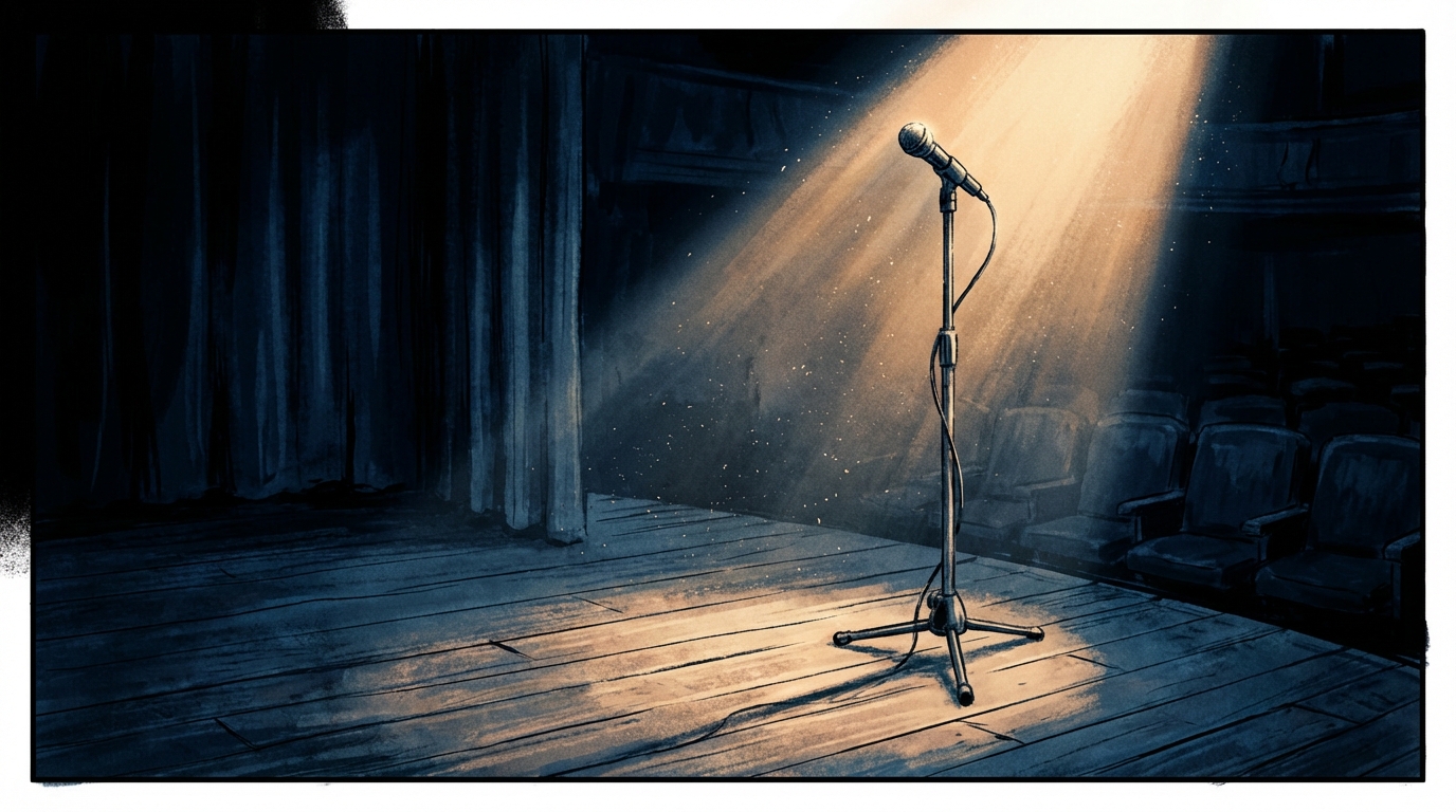A single microphone stand illuminated by a bright spotlight on a dark, empty stage
