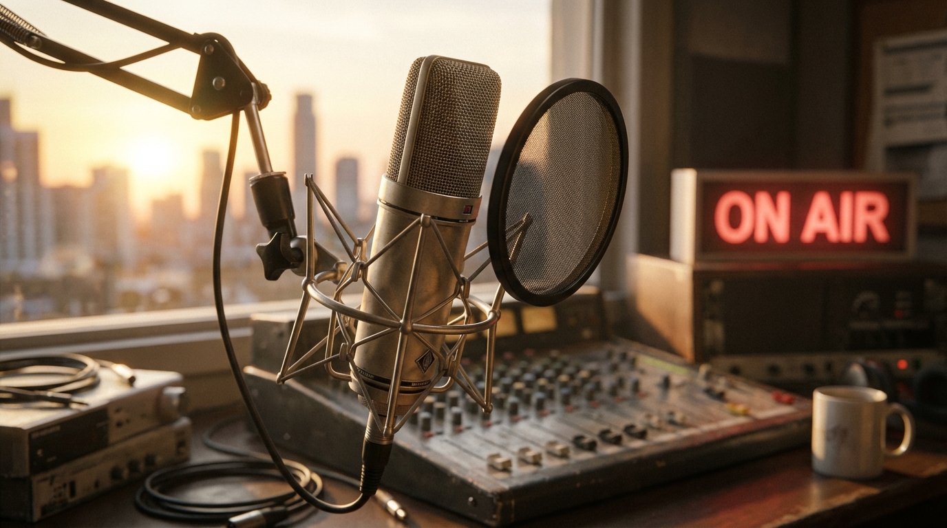 Professional broadcast microphone in a radio studio with a glowing On Air sign