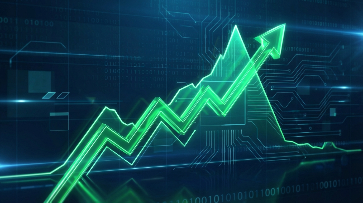 Glowing green digital stock market chart ascending steeply against a dark blue background with circuit patterns