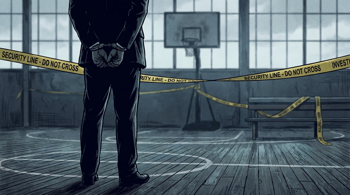 Illustration depicting a basketball coach silhouette and security elements on a court