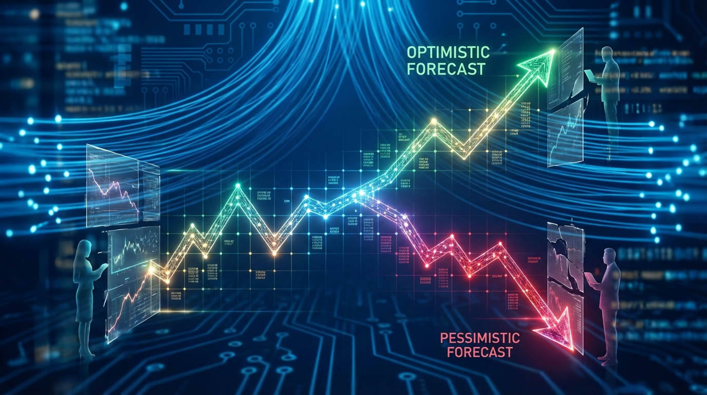 Abstract digital stock chart showing diverging paths against a blue network background