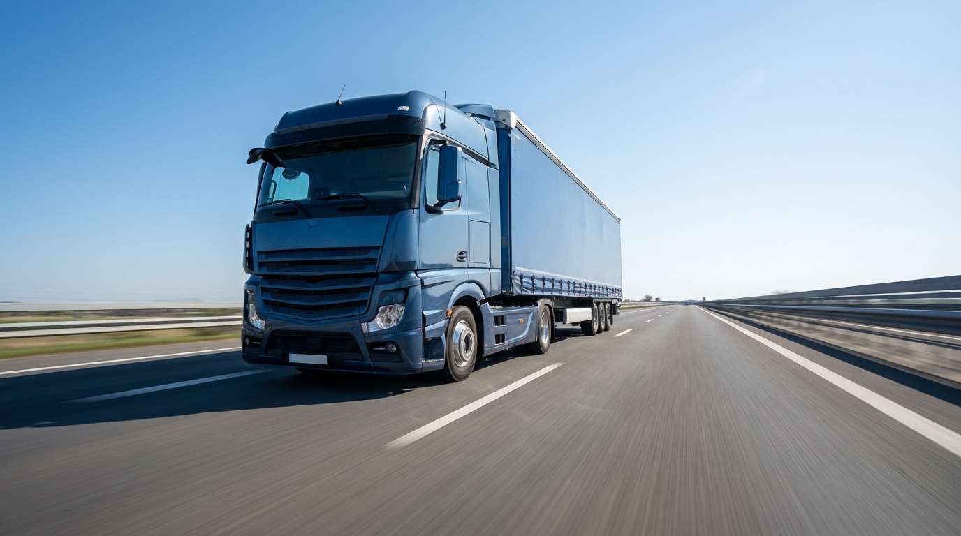 A modern commercial semi-truck driving on a straight highway with motion blur on the road