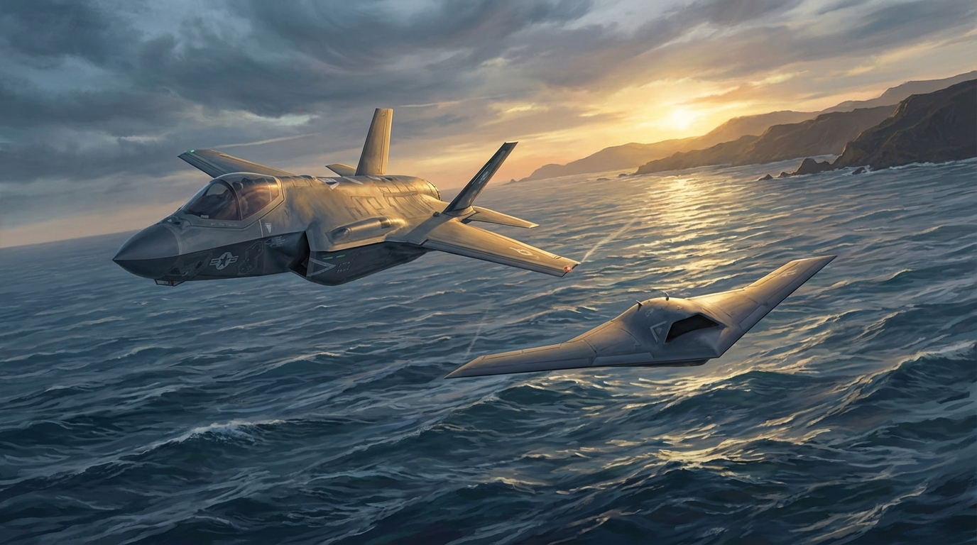 Illustration of a US F-35C fighter jet intercepting a drone over the ocean