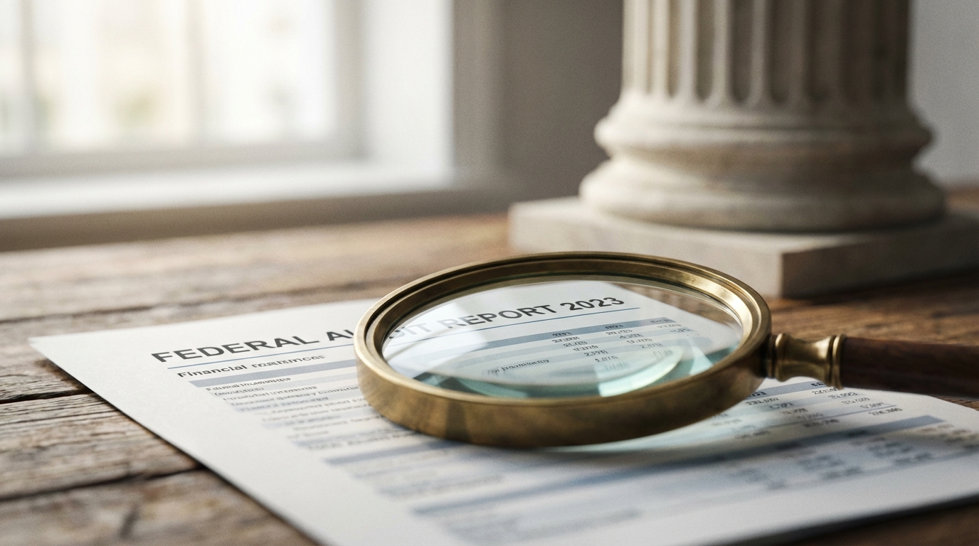 Magnifying glass resting on a blurred financial document with a government building in the background