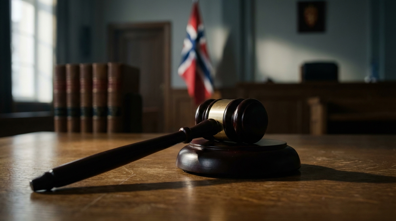 A wooden gavel resting on a sound block with a blurred Norwegian flag in the background