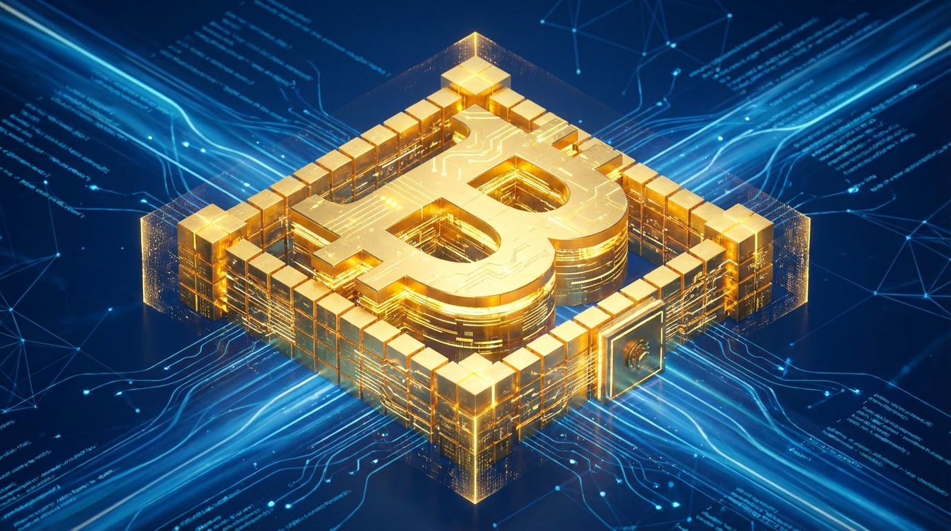 Isometric 3D render of a glowing golden block fortress representing a Bitcoin treasury against a blue data background