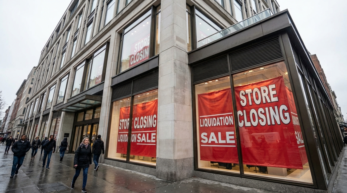 A modern department store entrance featuring large red and white store closing and liquidation sale banners in the windows