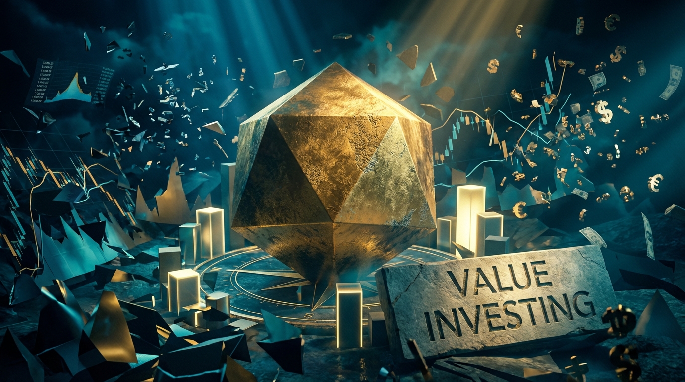 A stable golden geometric shape anchoring a volatile environment, representing value investing amidst market fluctuations