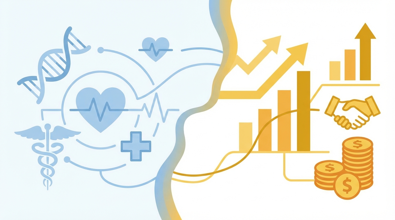 Split-screen illustration merging medical symbols like DNA with business imagery like investment coins and upward arrows