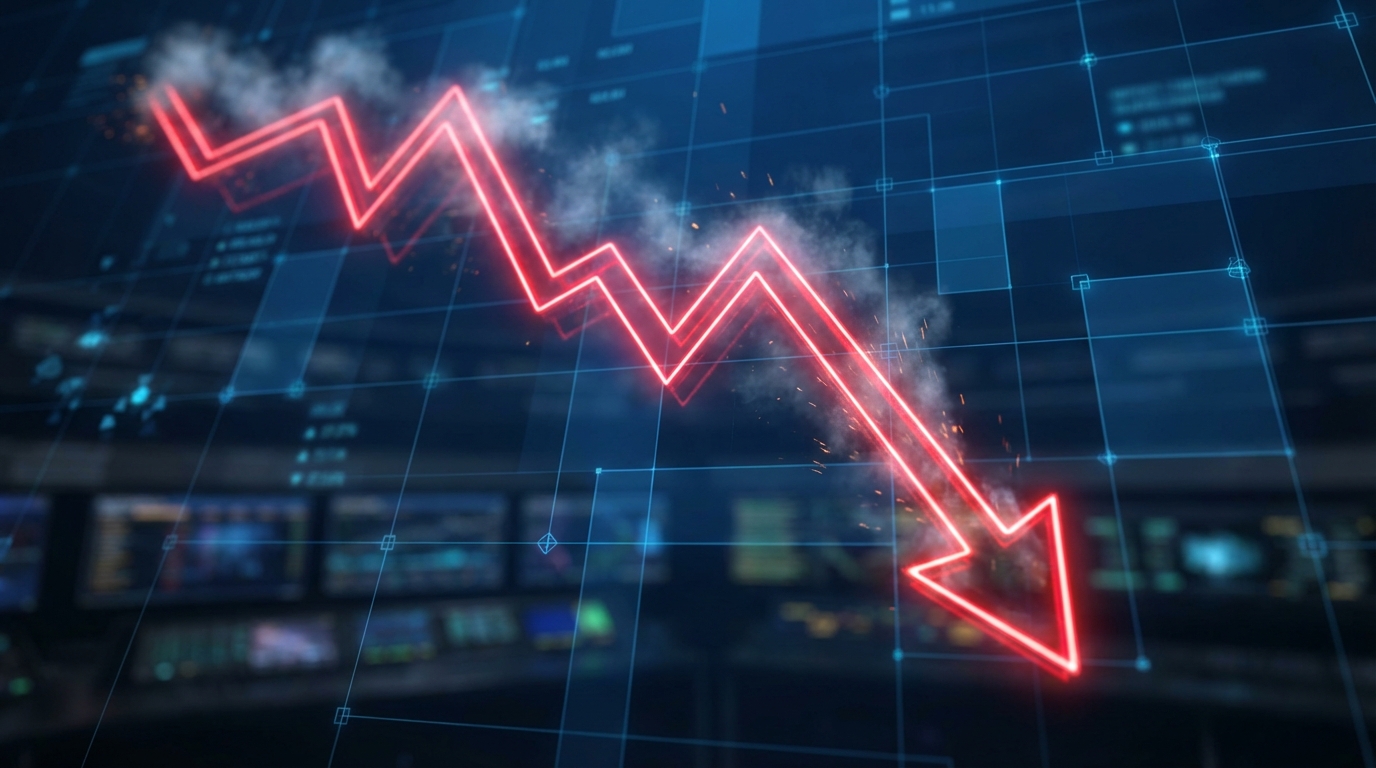 A glowing red financial trend line plummeting downwards against a dark blue data grid background