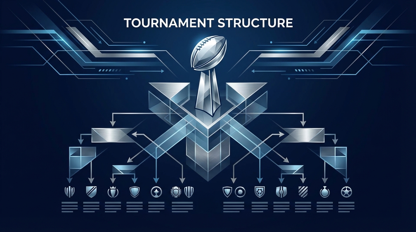 A silver football trophy sitting atop a structured tournament bracket chart against a deep blue background