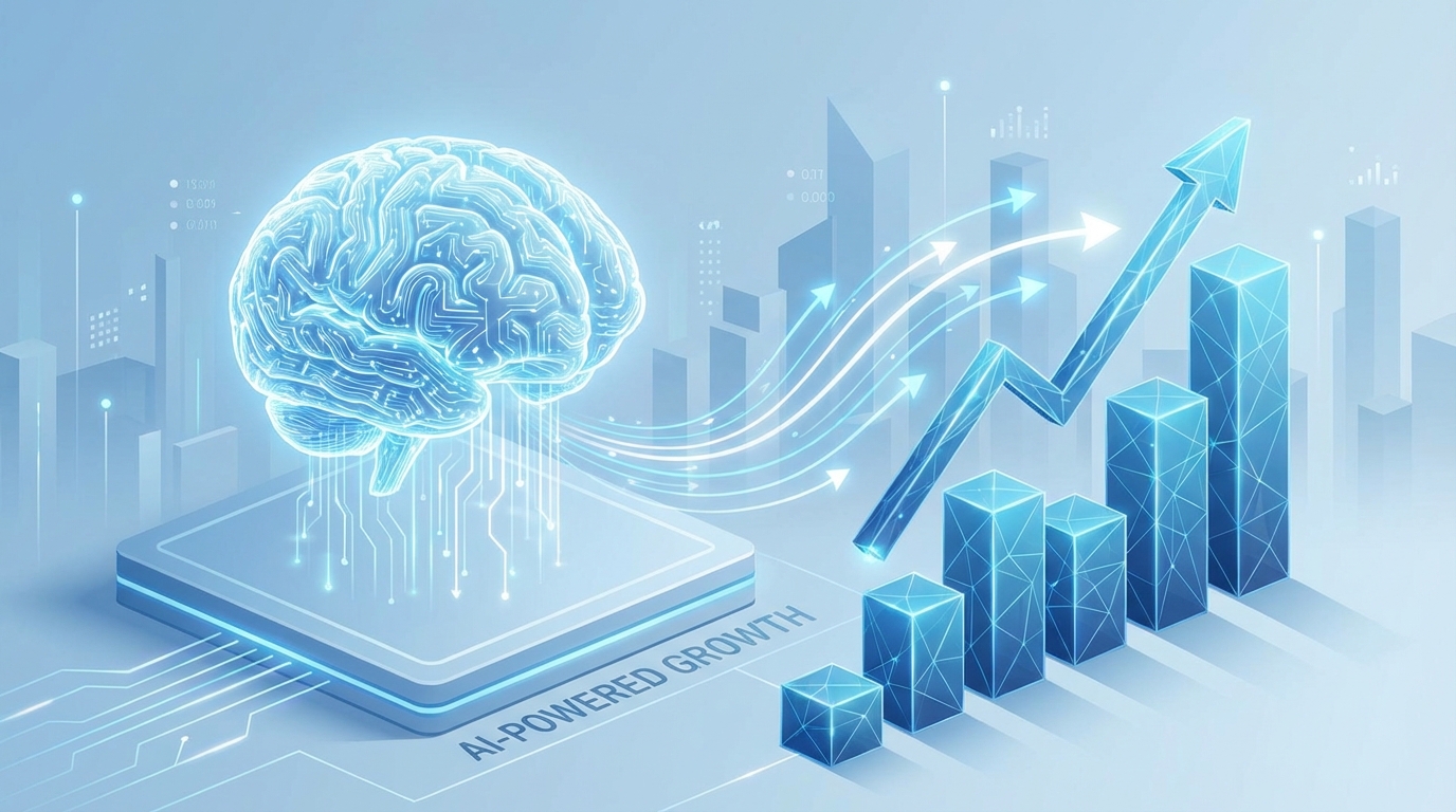 A glowing digital brain connecting to an upward trending stock chart in a blue and white isometric style