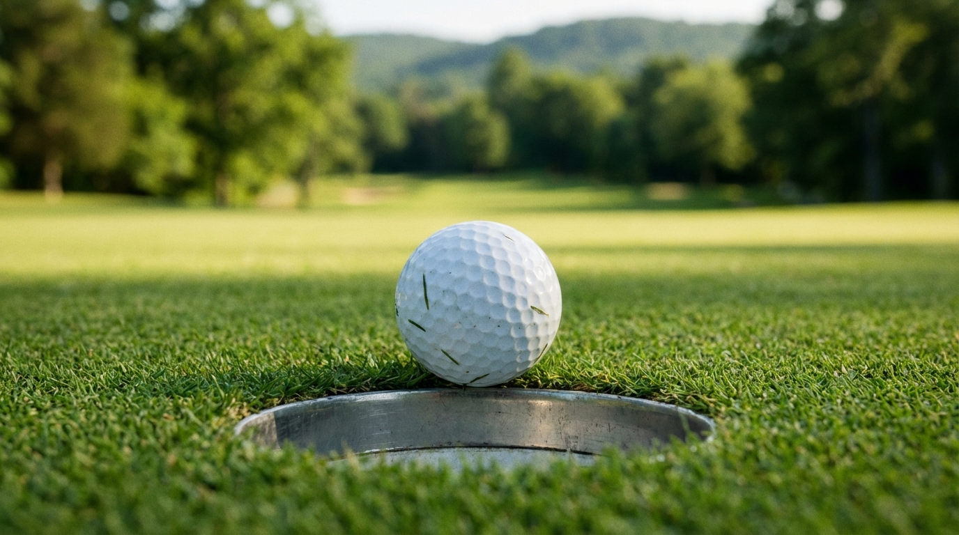 Close-up of a white golf ball resting on the edge of the hole on a sunny green golf course