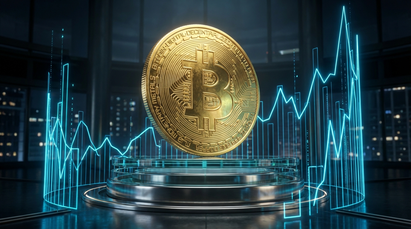 3D render of a golden bitcoin symbol on a glass pedestal surrounded by neon blue financial graph lines
