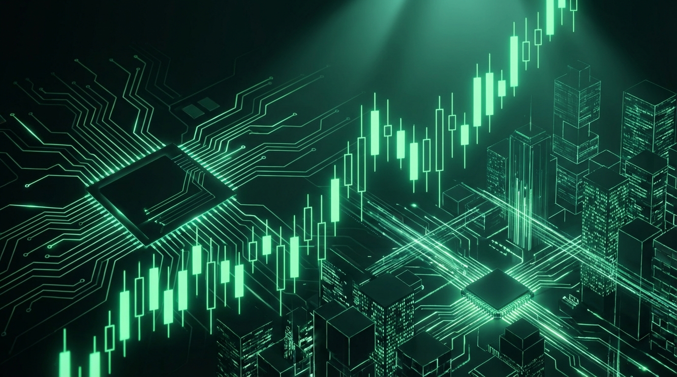 Digital illustration of neon green circuit board patterns merging with financial stock market candlesticks