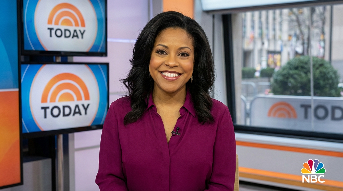 Sheinelle Jones smiling warmly while hosting on the NBC Today show set