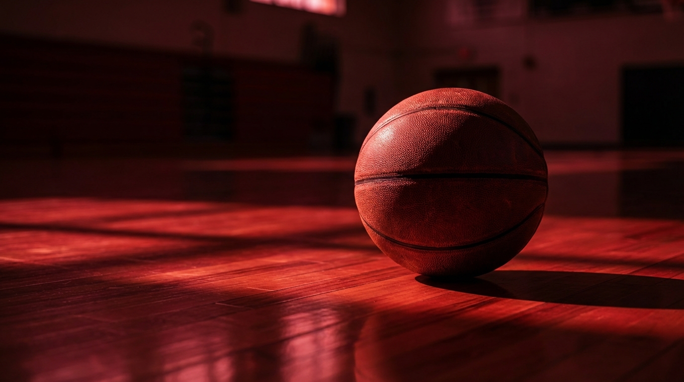 Basketball resting on a polished hardwood court illuminated by dramatic red and black lighting