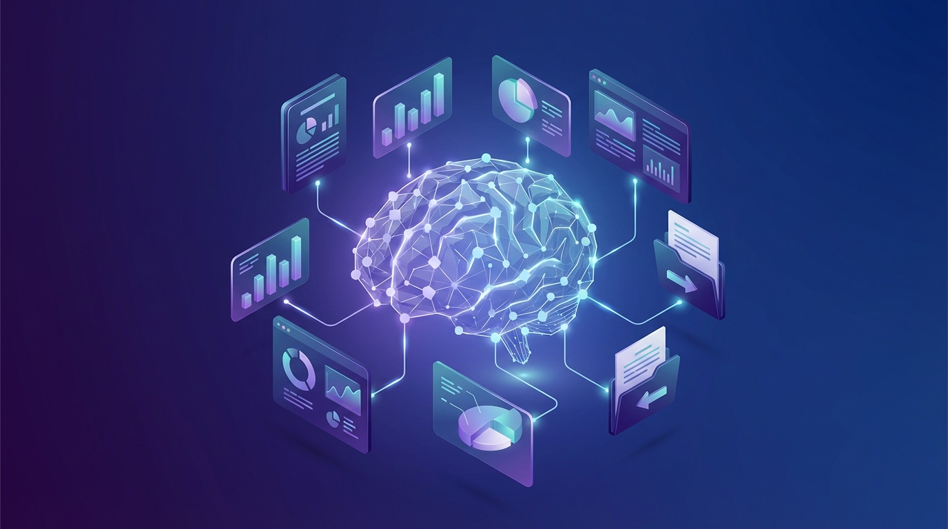 3D isometric illustration of a digital brain interface connecting with floating business documents and charts against a blue background