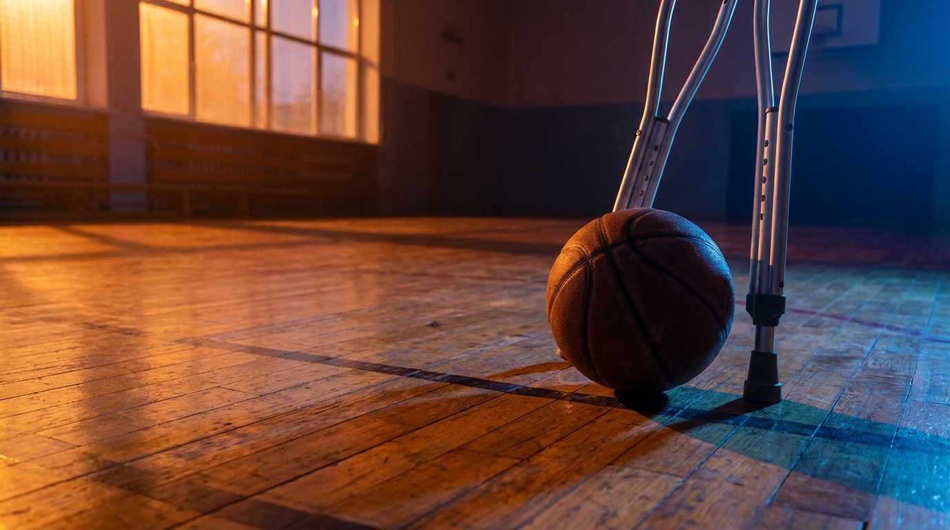 A basketball resting on a hardwood court floor next to a pair of crutches under dramatic orange and blue lighting