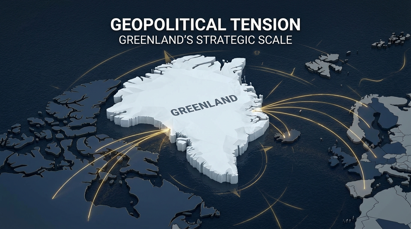 Conceptual 3D isometric map of Greenland highlighting strategic connections to North America and Europe amidst dark waters