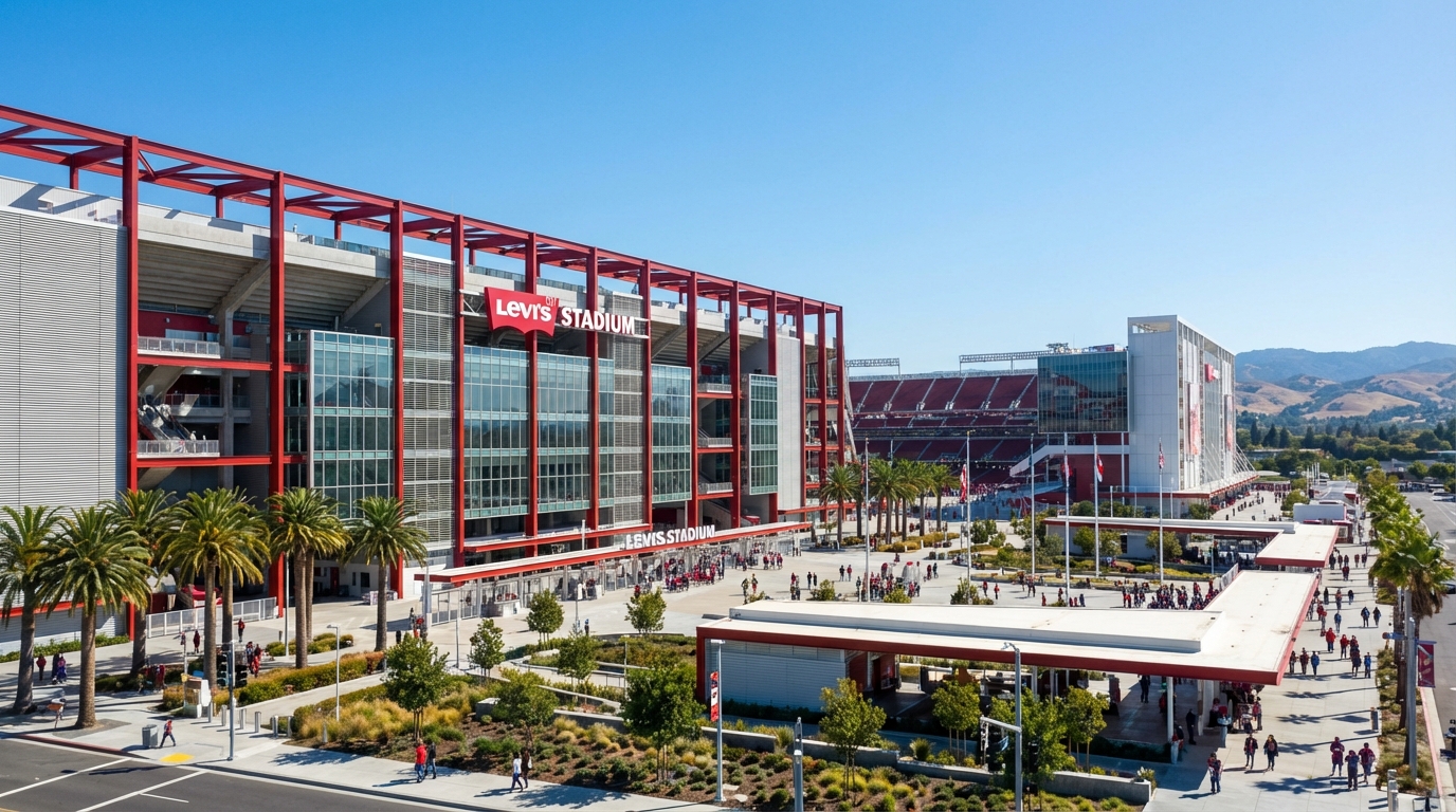 Exterior view of Levi's Stadium in Santa Clara, California, under a sunny sky
