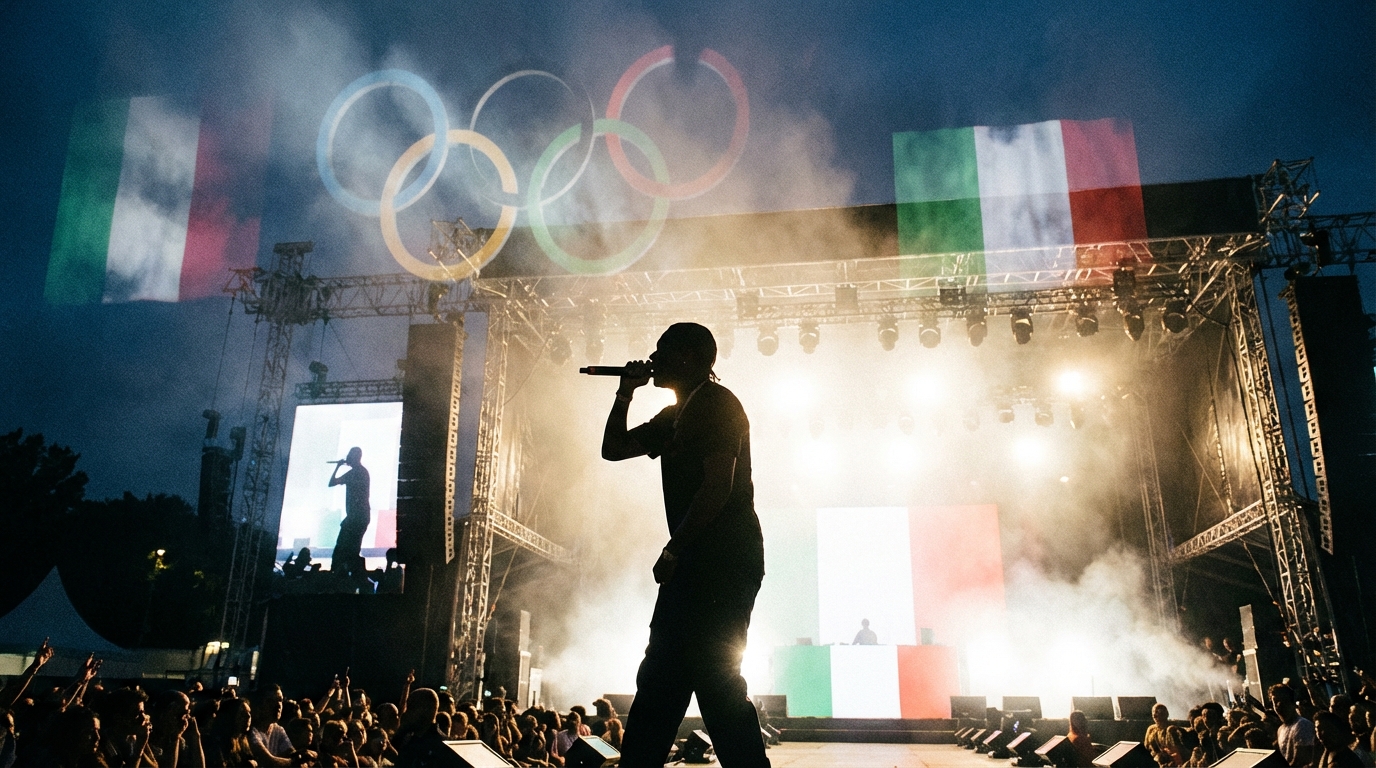 Silhouette of a rapper performing on a stage with dramatic lighting and subtle Olympic ring imagery
