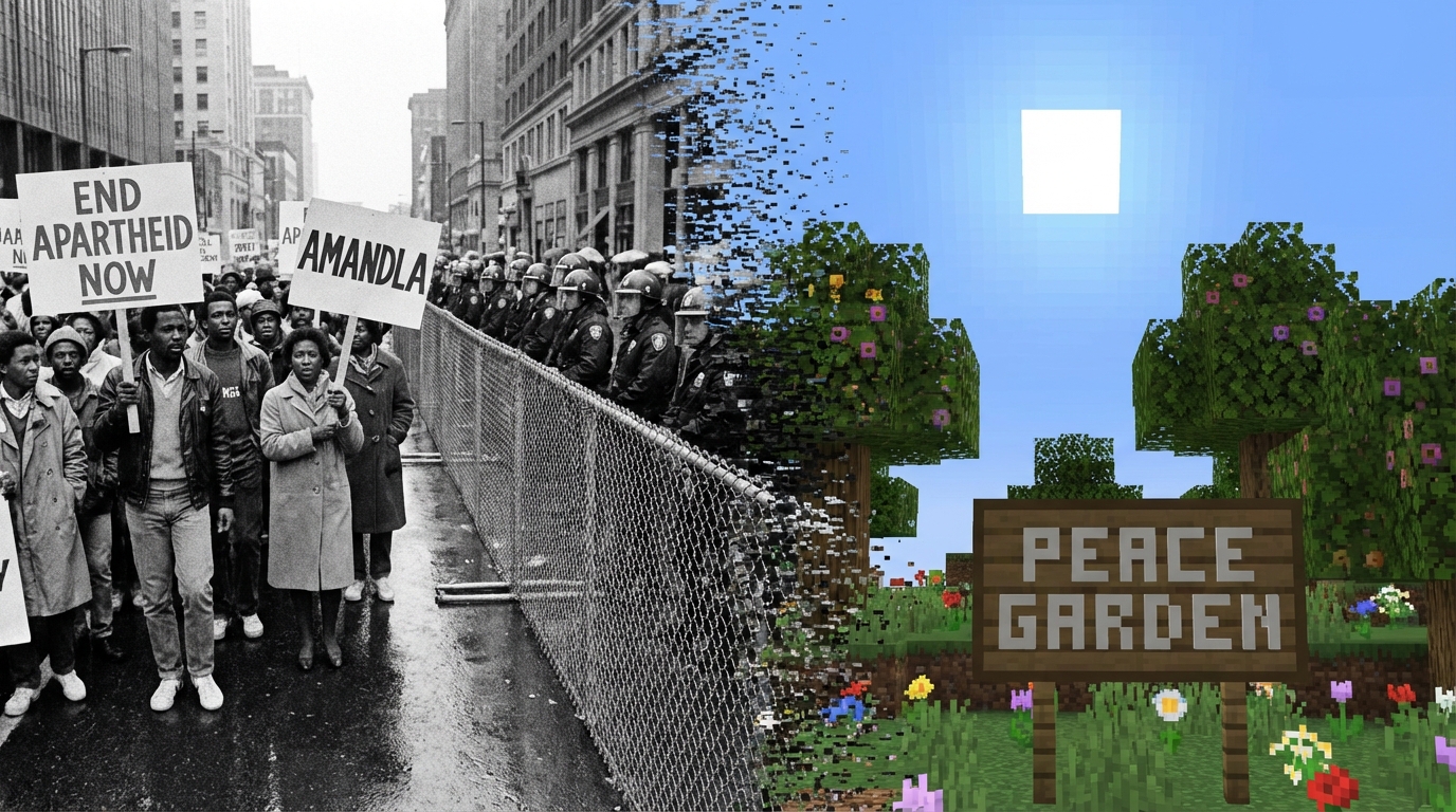 Split image showing a black and white 1980s protest photo merging into a colorful Minecraft landscape.