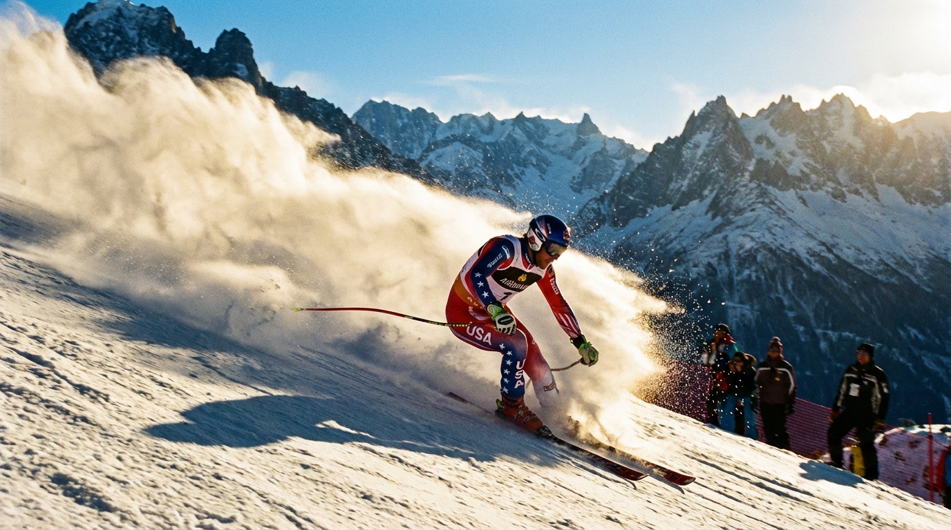 Alpine skier Breezy Johnson carving a sharp turn on a snowy downhill course during a race