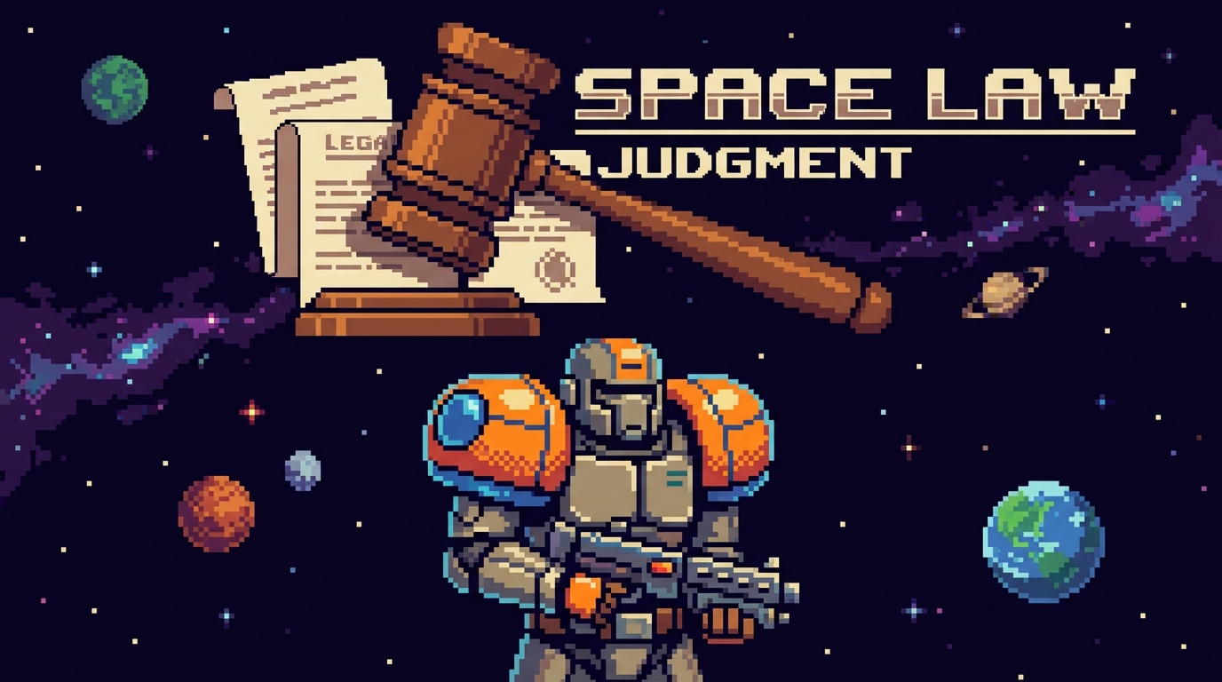 Concept art illustrating sci-fi soldiers with oversized shoulder armor contrasted with legal documents representing intellectual property disputes