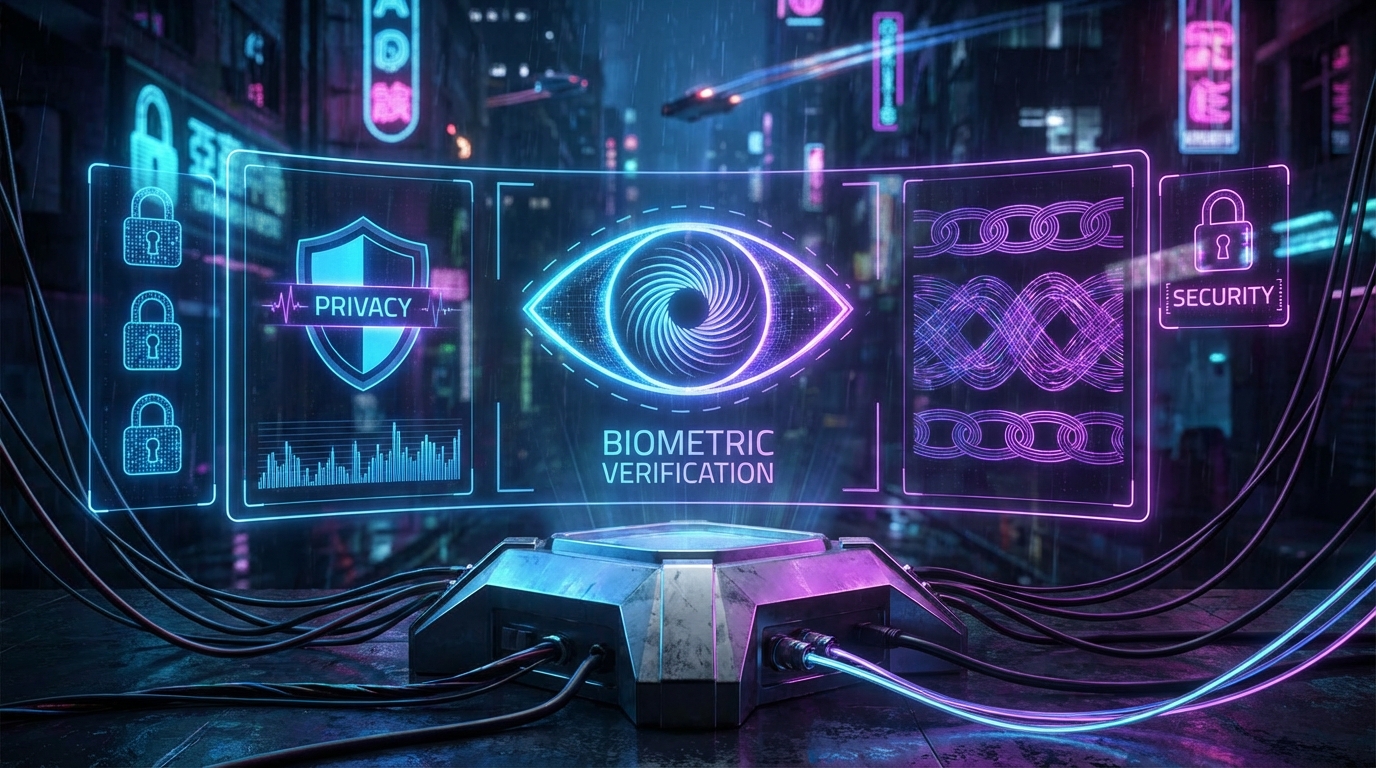A futuristic digital interface displaying a biometric eye scan and identification data in neon blue and purple colors.